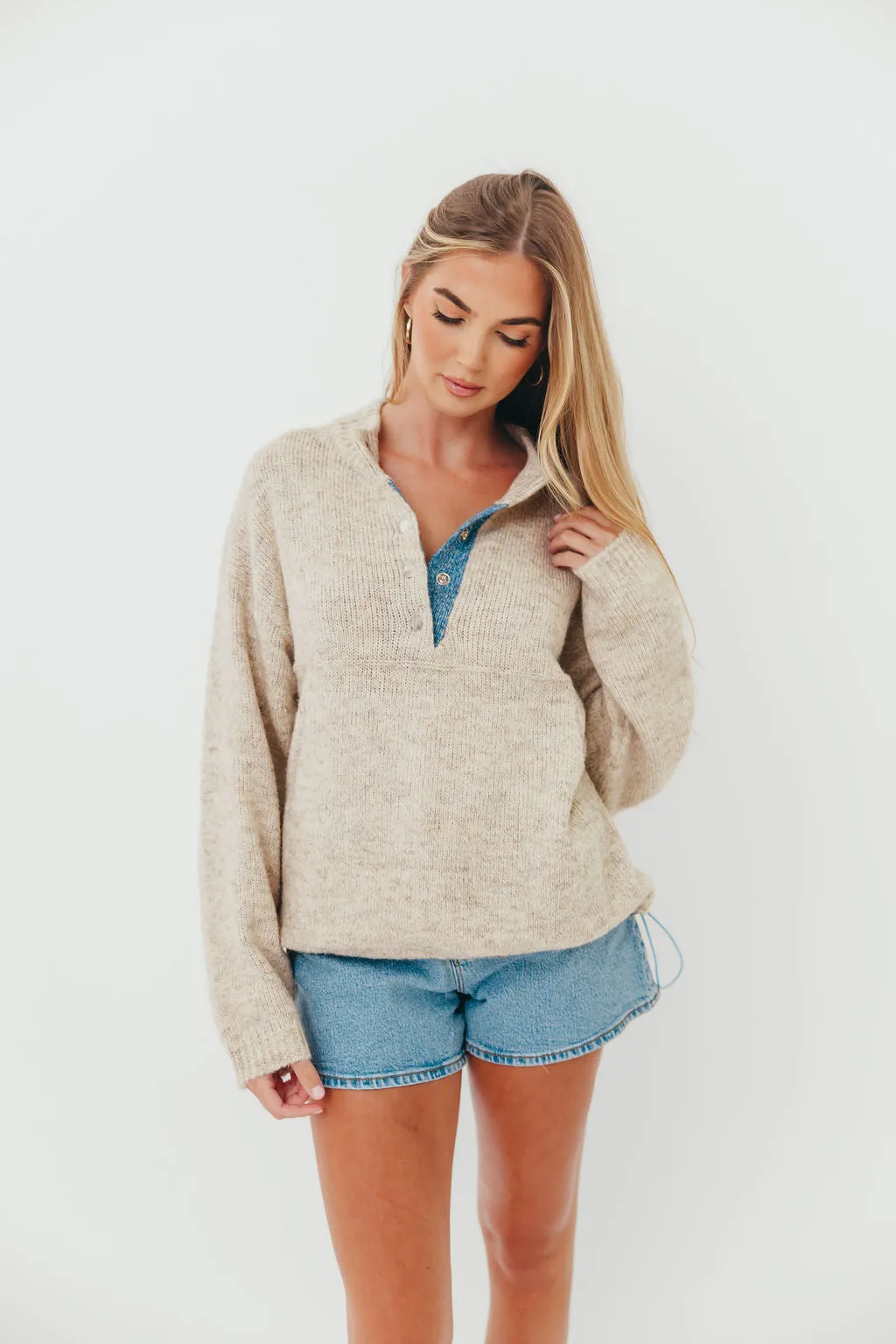 Blythe Two Tone Snap Collar Sweater in Oatmeal sold by Worth Collective product image thumbnail 2