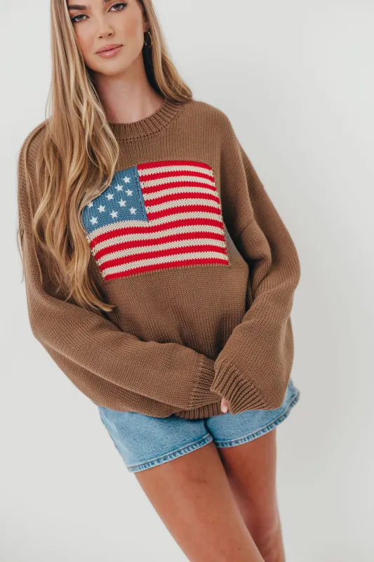 Justice American Flag Crewneck Sweater in Olive Brown sold by Worth Collective