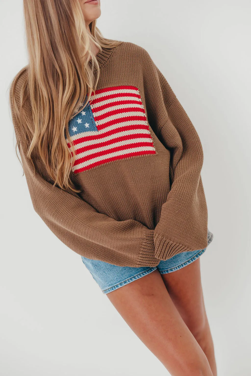 Justice American Flag Crewneck Sweater in Olive Brown sold by Worth Collective product image thumbnail 2