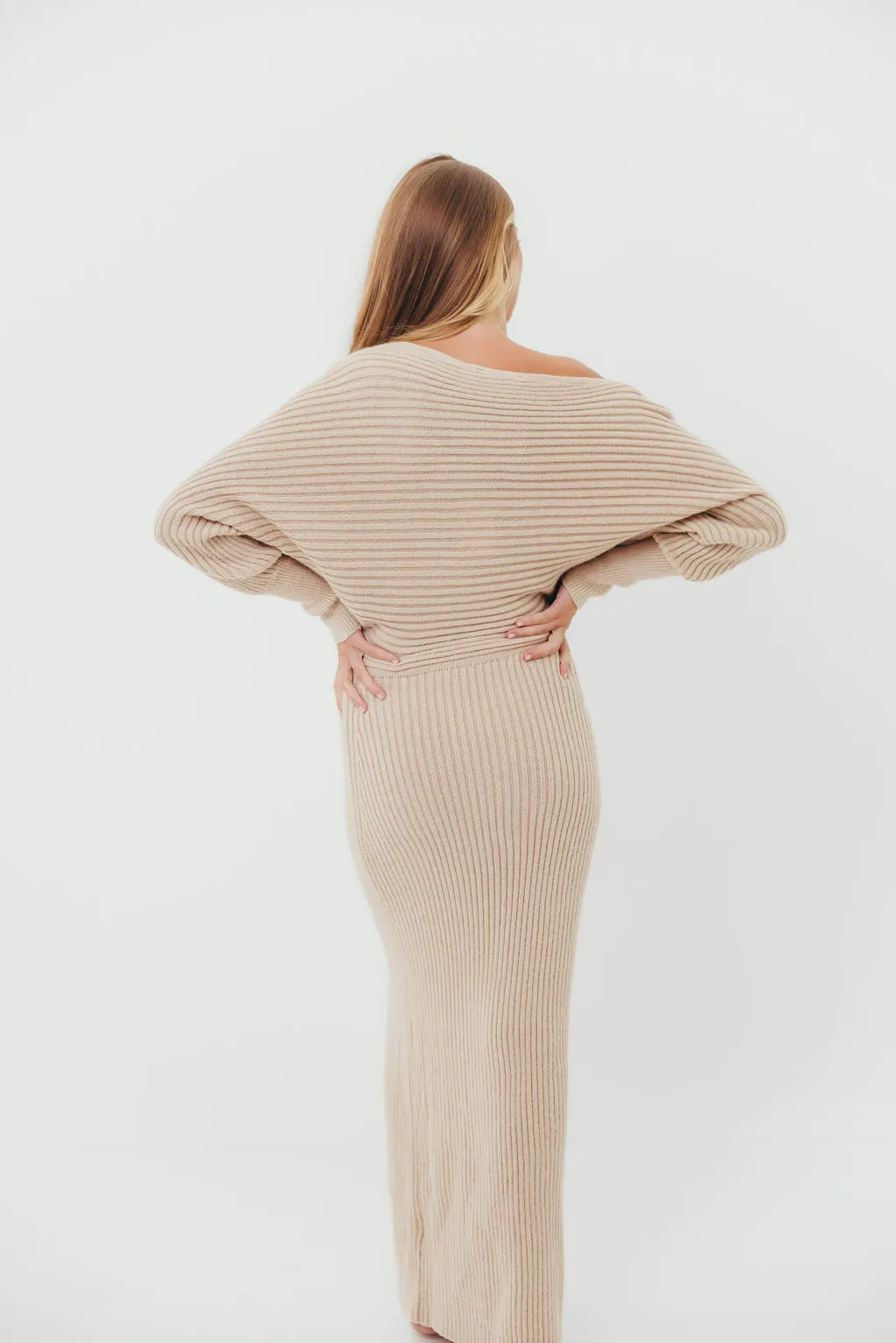 Gia Off-Shoulder Ribbed Knit Midi Dress with Slit in Light Taupe sold by Worth Collective product image thumbnail 5