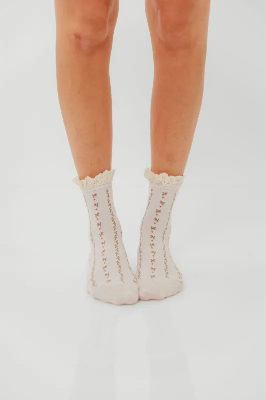 Floral Print Crochet Trim Socks in Cream sold by Worth Collective