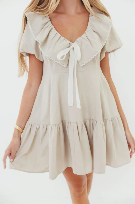 Wendy Ruffle Collar Linen Mini Dress in Oatmeal sold by Worth Collective