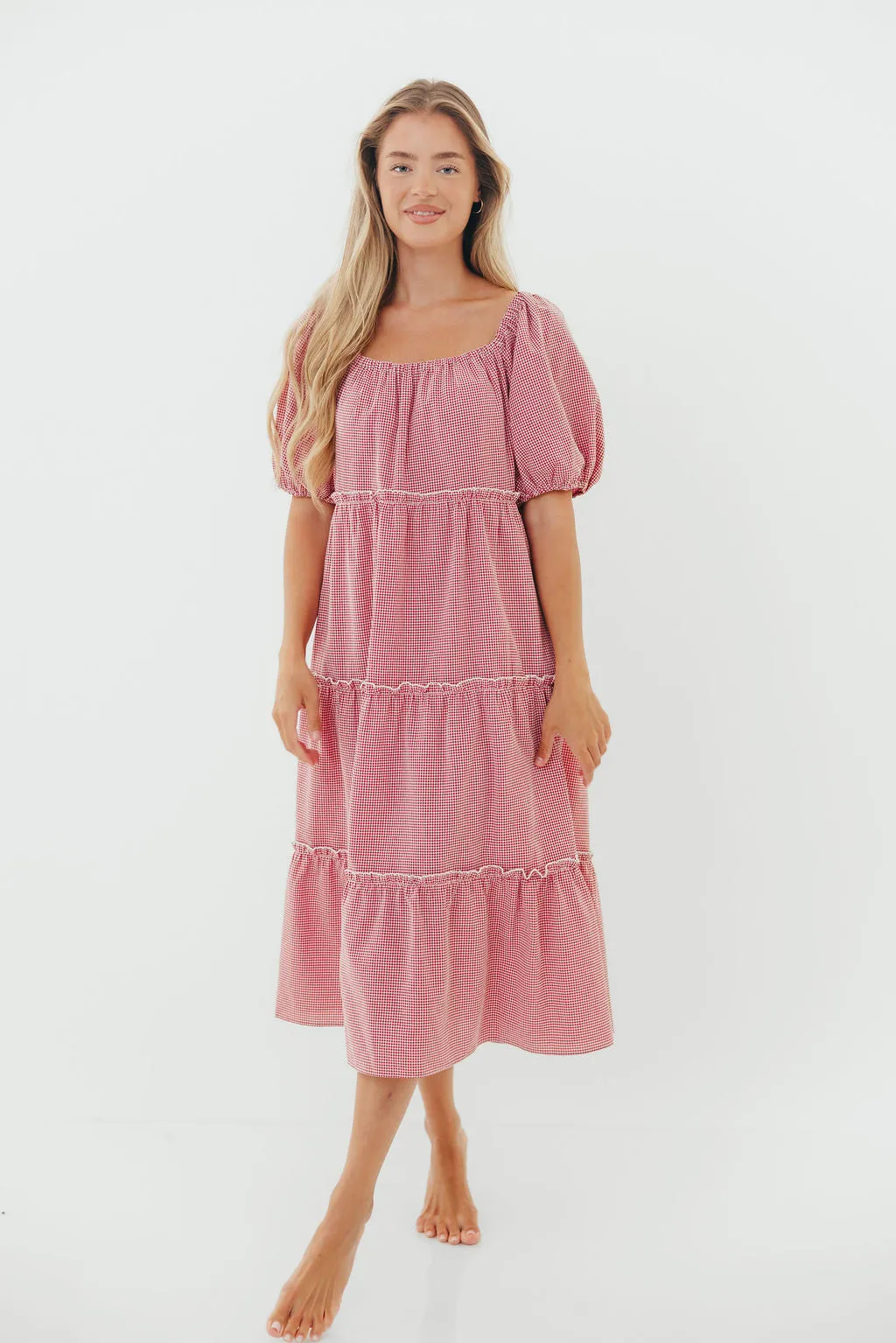 Nina 100% Cotton Gingham Tiered Midi Dress in Red/White sold by Worth Collective product image thumbnail 3