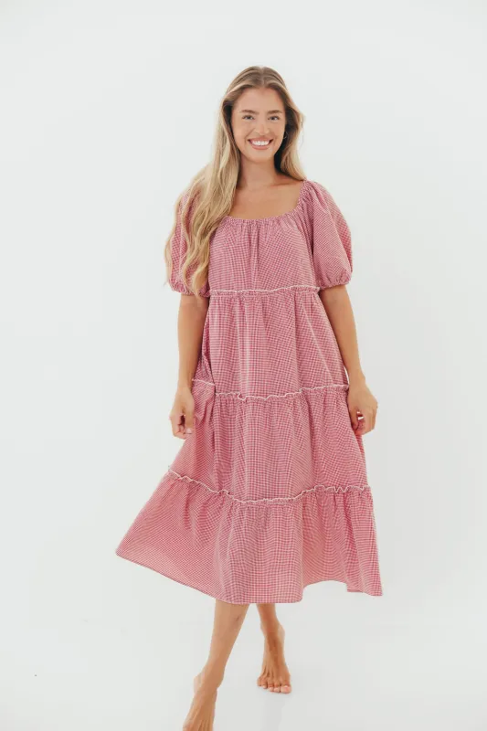 Nina 100% Cotton Gingham Tiered Midi Dress in Red/White sold by Worth Collective
