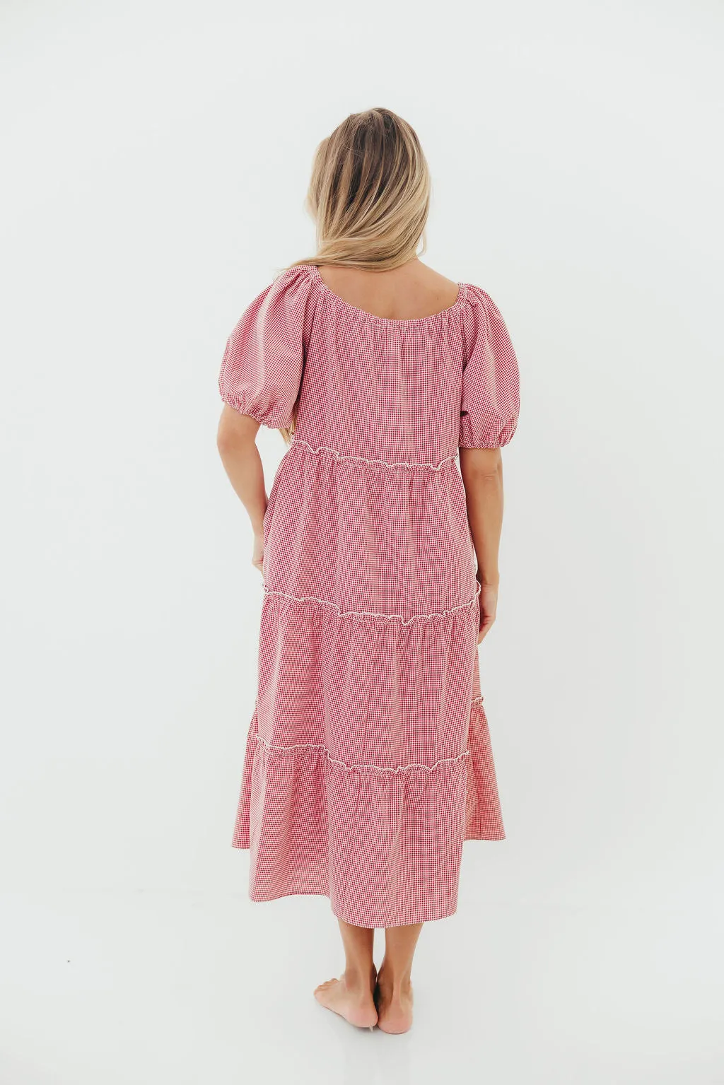 Nina 100% Cotton Gingham Tiered Midi Dress in Red/White sold by Worth Collective product image thumbnail 4