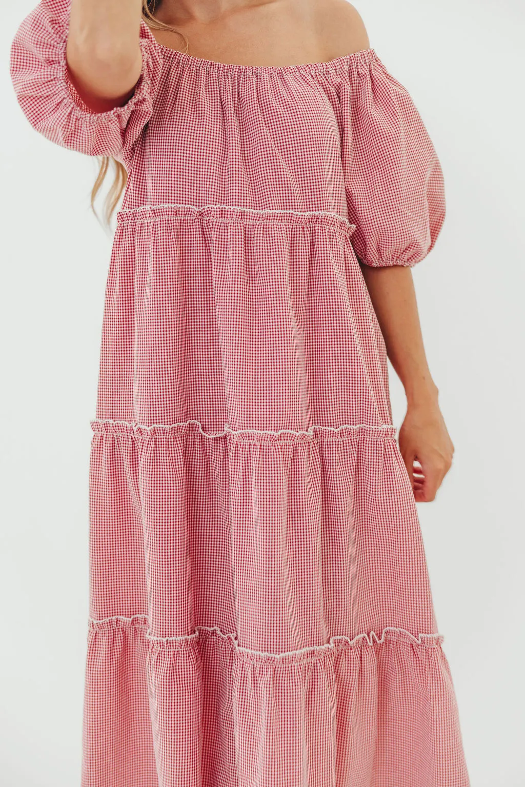 Nina 100% Cotton Gingham Tiered Midi Dress in Red/White sold by Worth Collective product image thumbnail 2