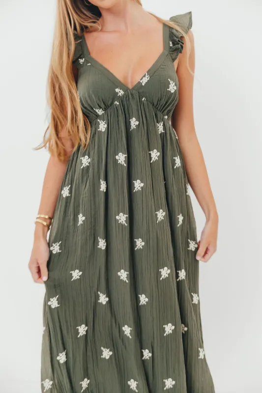 Layne Floral Embroidered Maxi Dress in Green/Cream sold by Worth Collective