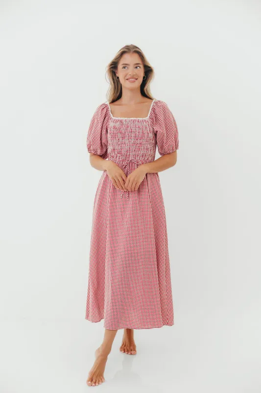 Joy Gingham Midi Dress in Red/White sold by Worth Collective