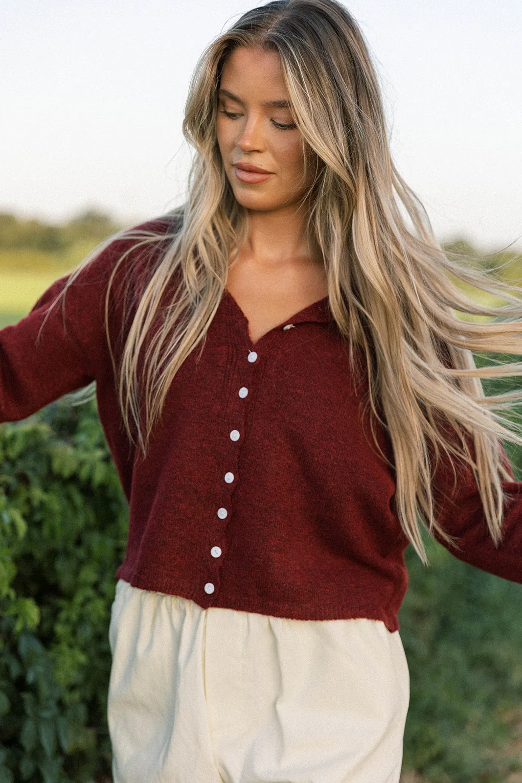 Dani Classic Lightweight Button Down Cardigan Top in Burgundy sold by Worth Collective product image thumbnail 3
