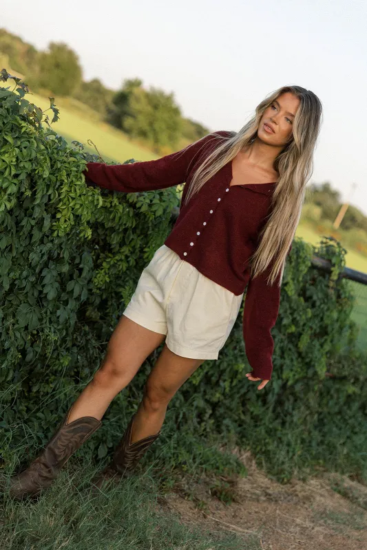 Dani Classic Lightweight Button Down Cardigan Top in Burgundy sold by Worth Collective