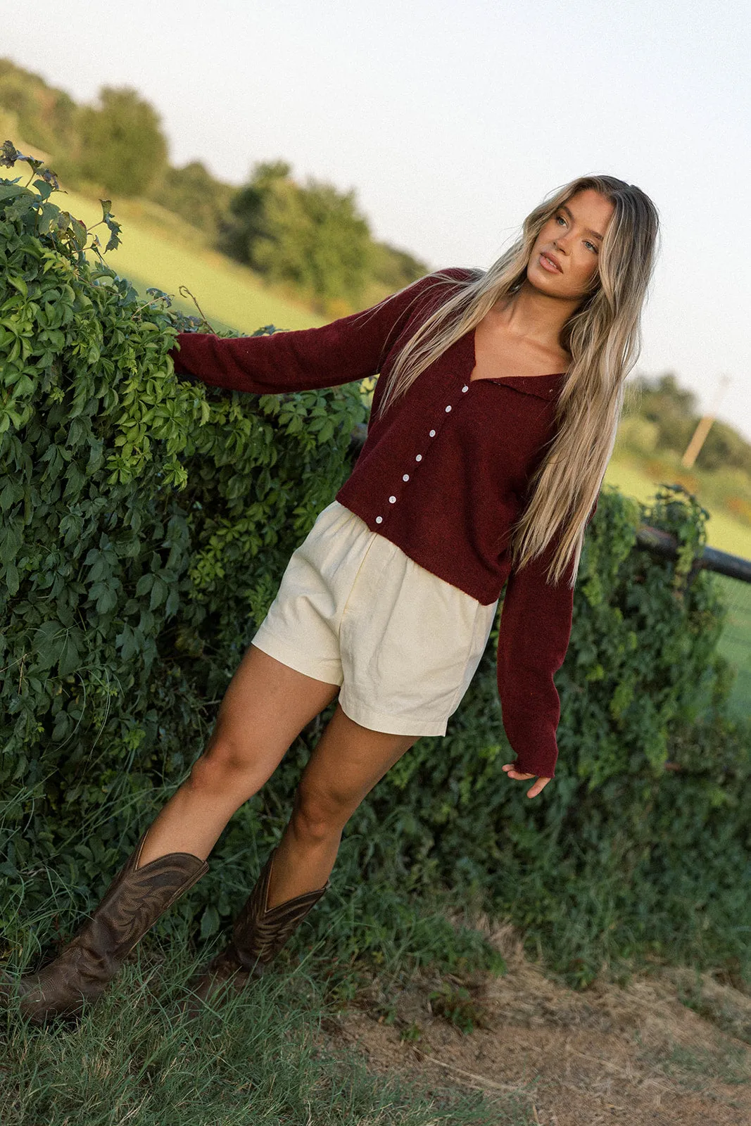 Dani Classic Lightweight Button Down Cardigan Top in Burgundy sold by Worth Collective