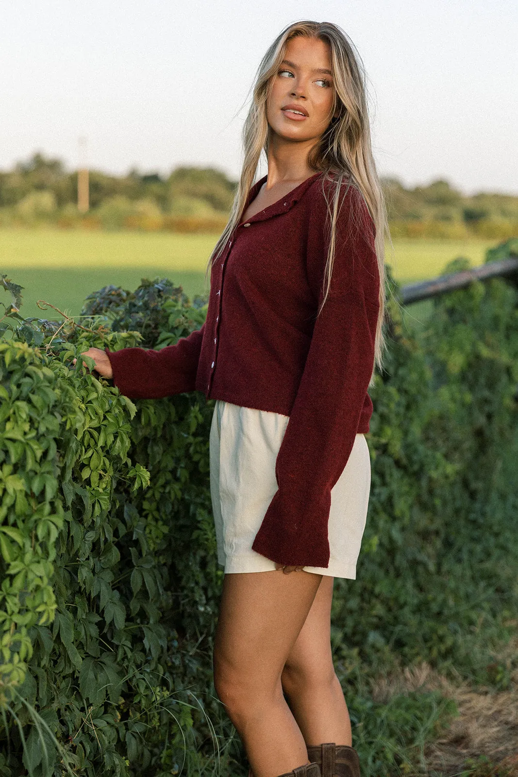 Dani Classic Lightweight Button Down Cardigan Top in Burgundy sold by Worth Collective product image thumbnail 4