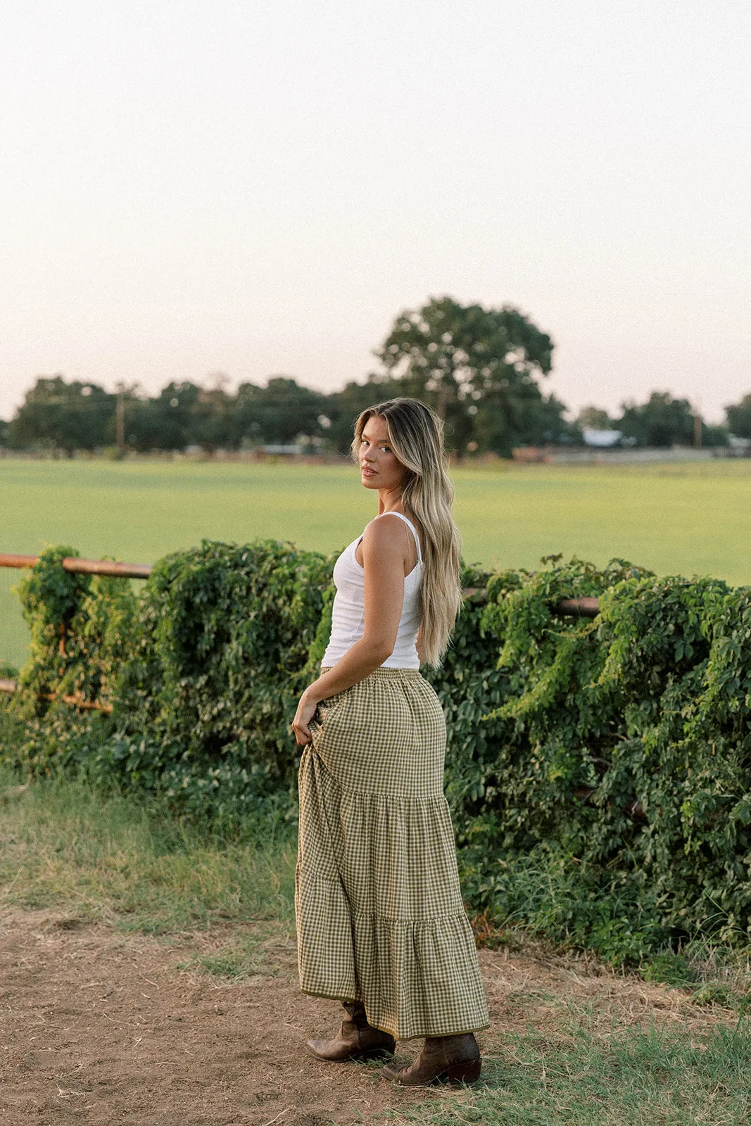 Duvall Gingham Pattern Tiered Maxi Skirt in Lemon Grass sold by Worth Collective product image thumbnail 3