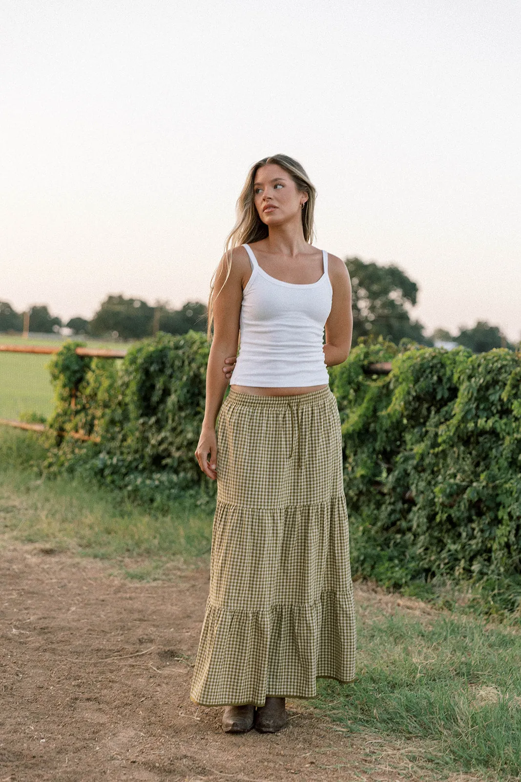 Duvall Gingham Pattern Tiered Maxi Skirt in Lemon Grass sold by Worth Collective product image thumbnail 5