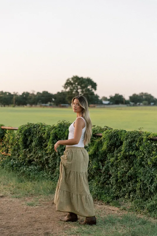 Duvall Gingham Pattern Tiered Maxi Skirt in Lemon Grass sold by Worth Collective