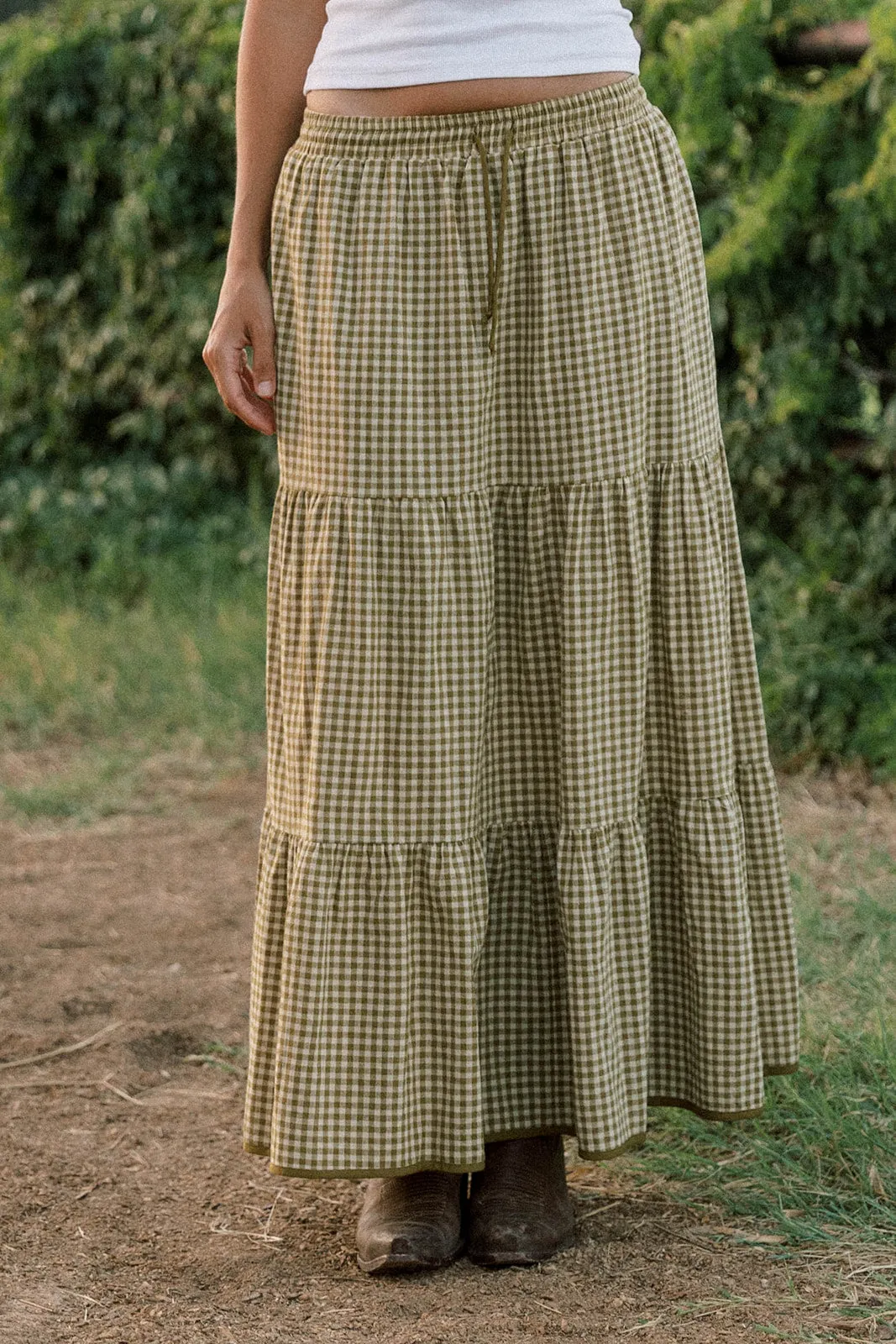 Duvall Gingham Pattern Tiered Maxi Skirt in Lemon Grass sold by Worth Collective product image thumbnail 2