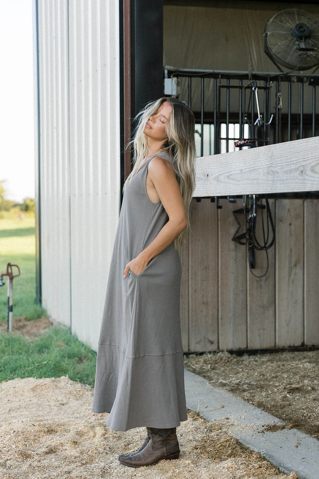 Taryn 100% Cotton Open Back Knit Maxi Dress in Smoke sold by Worth Collective product image thumbnail 3