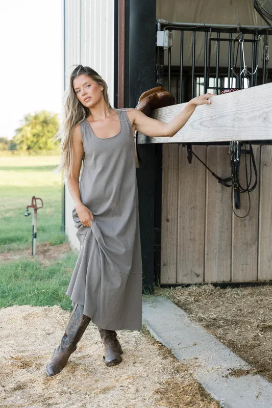 Taryn 100% Cotton Open Back Knit Maxi Dress in Smoke sold by Worth Collective