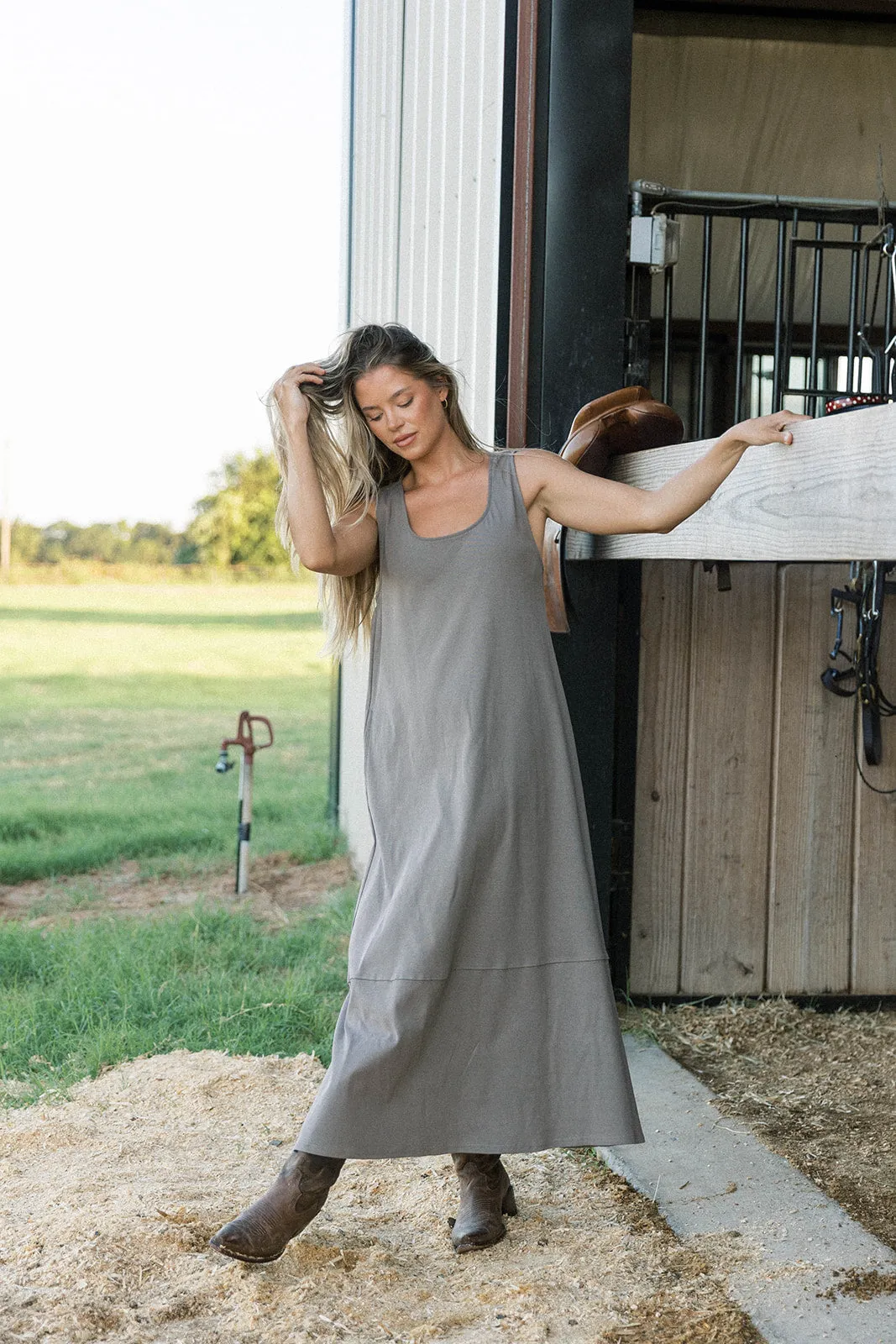 Taryn 100% Cotton Open Back Knit Maxi Dress in Smoke sold by Worth Collective product image thumbnail 2