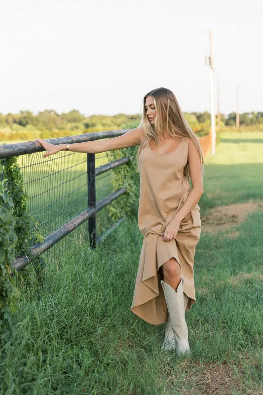 Taryn 100% Cotton Open Back Knit Maxi Dress in Camel sold by Worth Collective