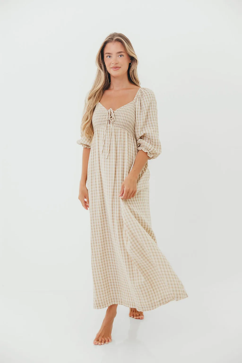 Cecilia 100% Cotton Smocked Maxi Dress in Natural Plaid - Bump Friendly sold by Worth Collective