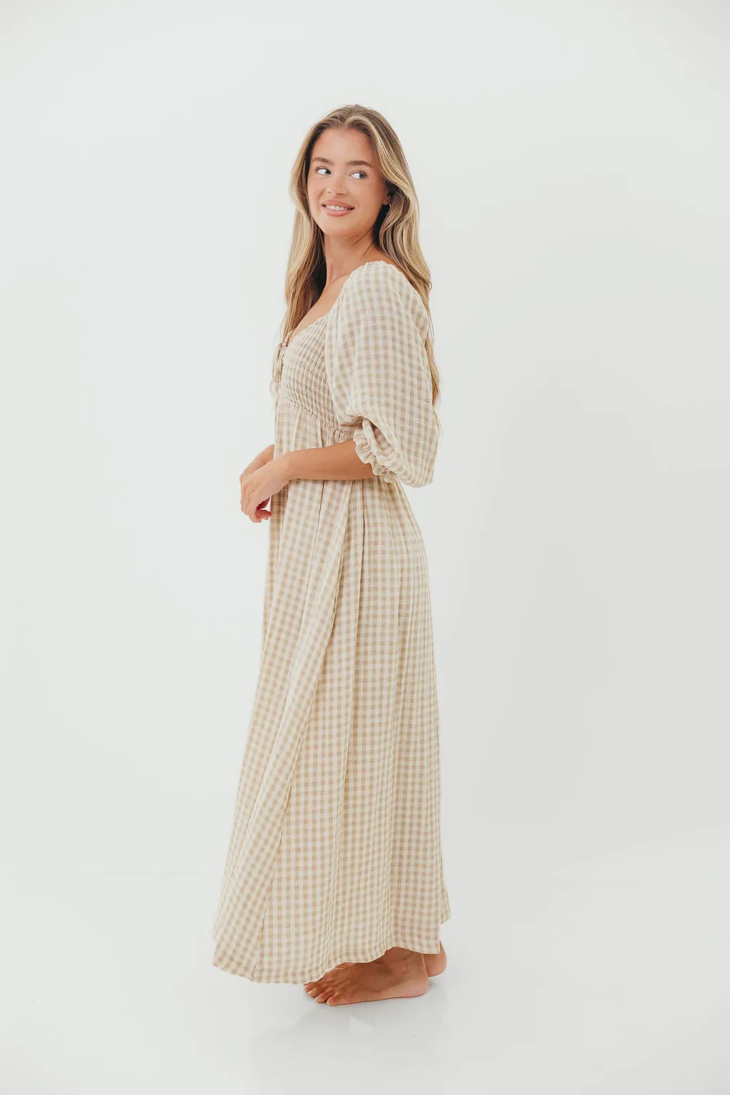 Cecilia 100% Cotton Smocked Maxi Dress in Natural Plaid - Bump Friendly sold by Worth Collective product image thumbnail 5