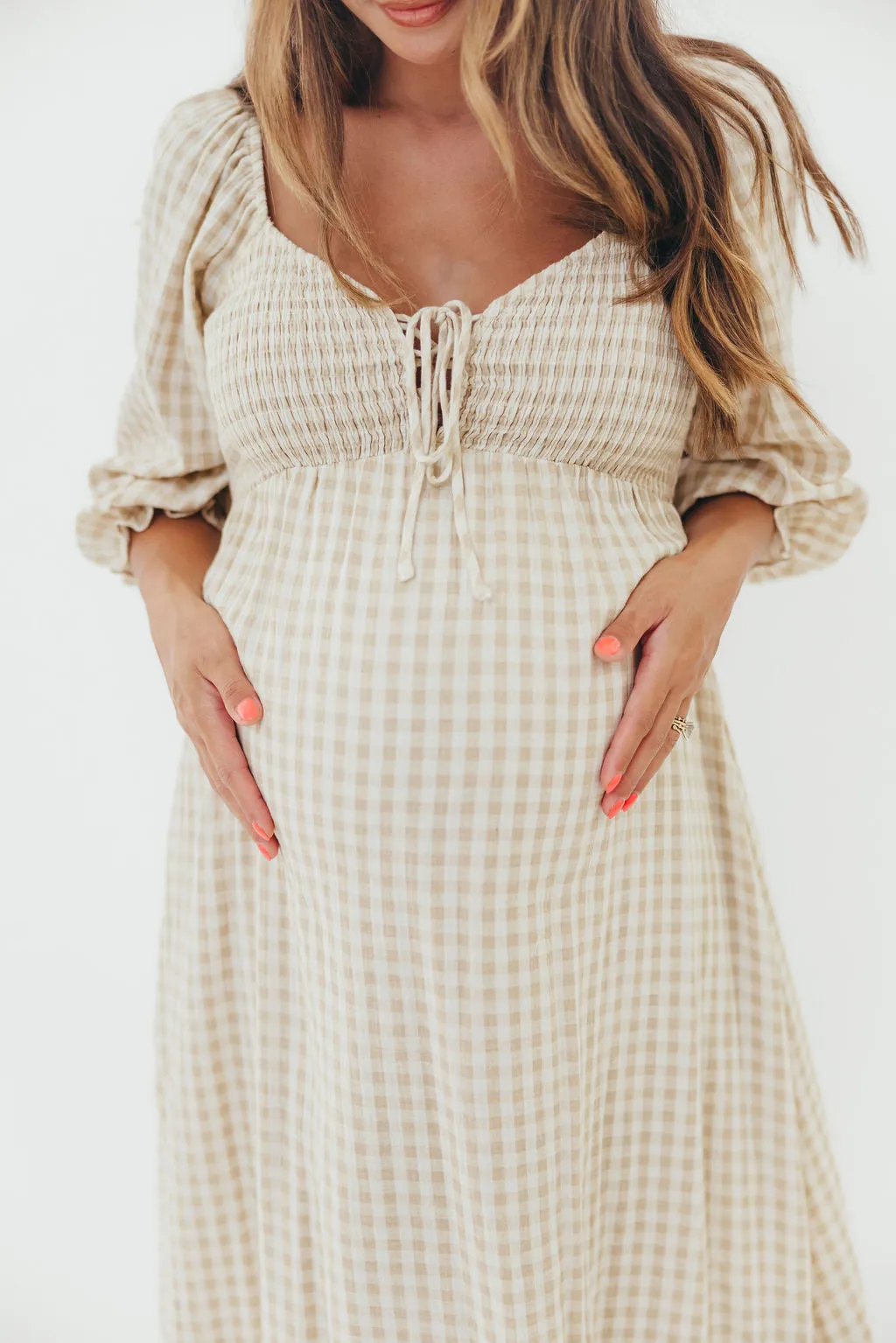 Cecilia 100% Cotton Smocked Maxi Dress in Natural Plaid - Bump Friendly sold by Worth Collective product image thumbnail 4