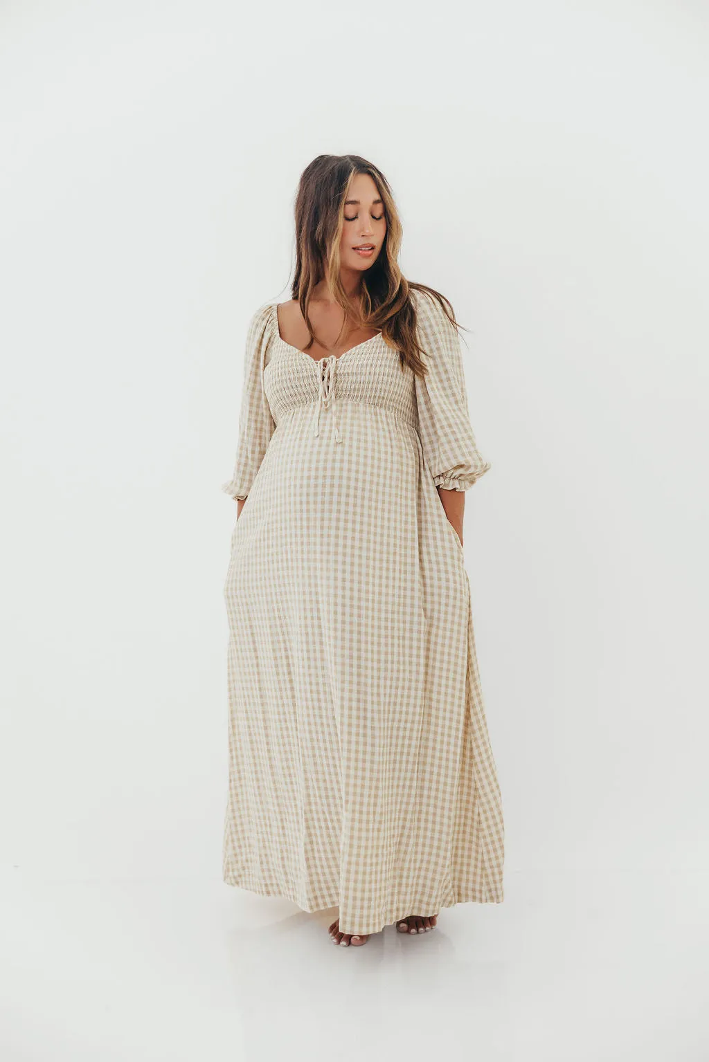 Cecilia 100% Cotton Smocked Maxi Dress in Natural Plaid - Bump Friendly sold by Worth Collective product image thumbnail 3