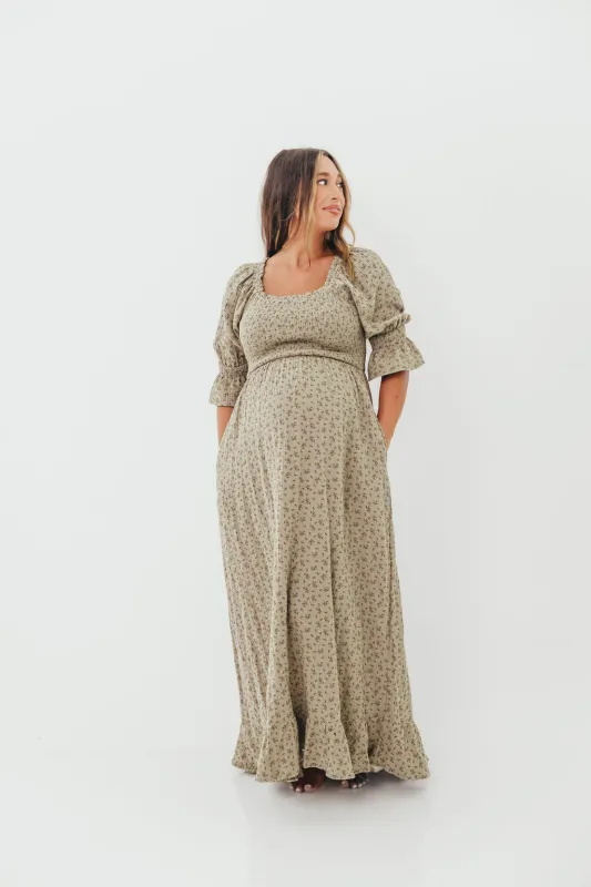 Sienna 100% Cotton Puff Sleeve Maxi Dress in Olive Foliage - Bump Friendly sold by Worth Collective