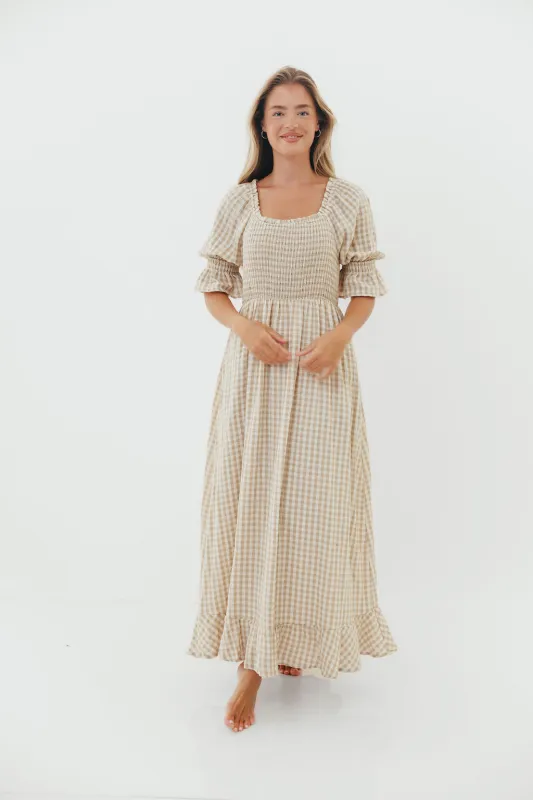Sienna 100% Cotton Puff Sleeve Maxi Dress in Natural Plaid - Bump Friendly sold by Worth Collective