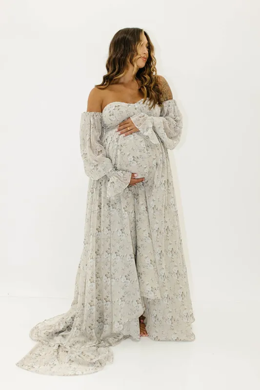 Delilah Maxi Dress with Train in Grey/Blue - Bump Friendly sold by Worth Collective