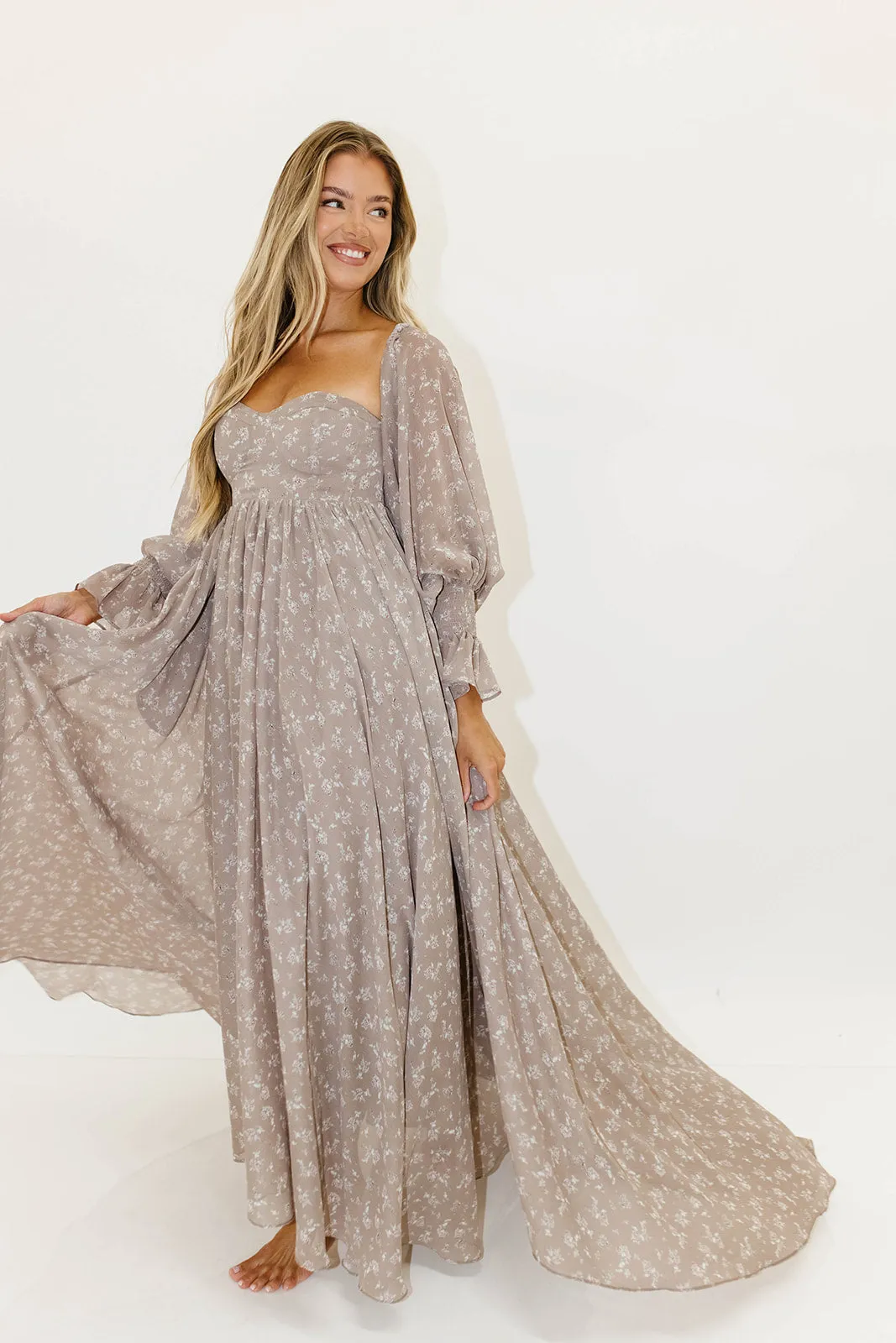 Delilah Maxi Dress with Train in Taupe - Bump Friendly sold by Worth Collective product image thumbnail 5