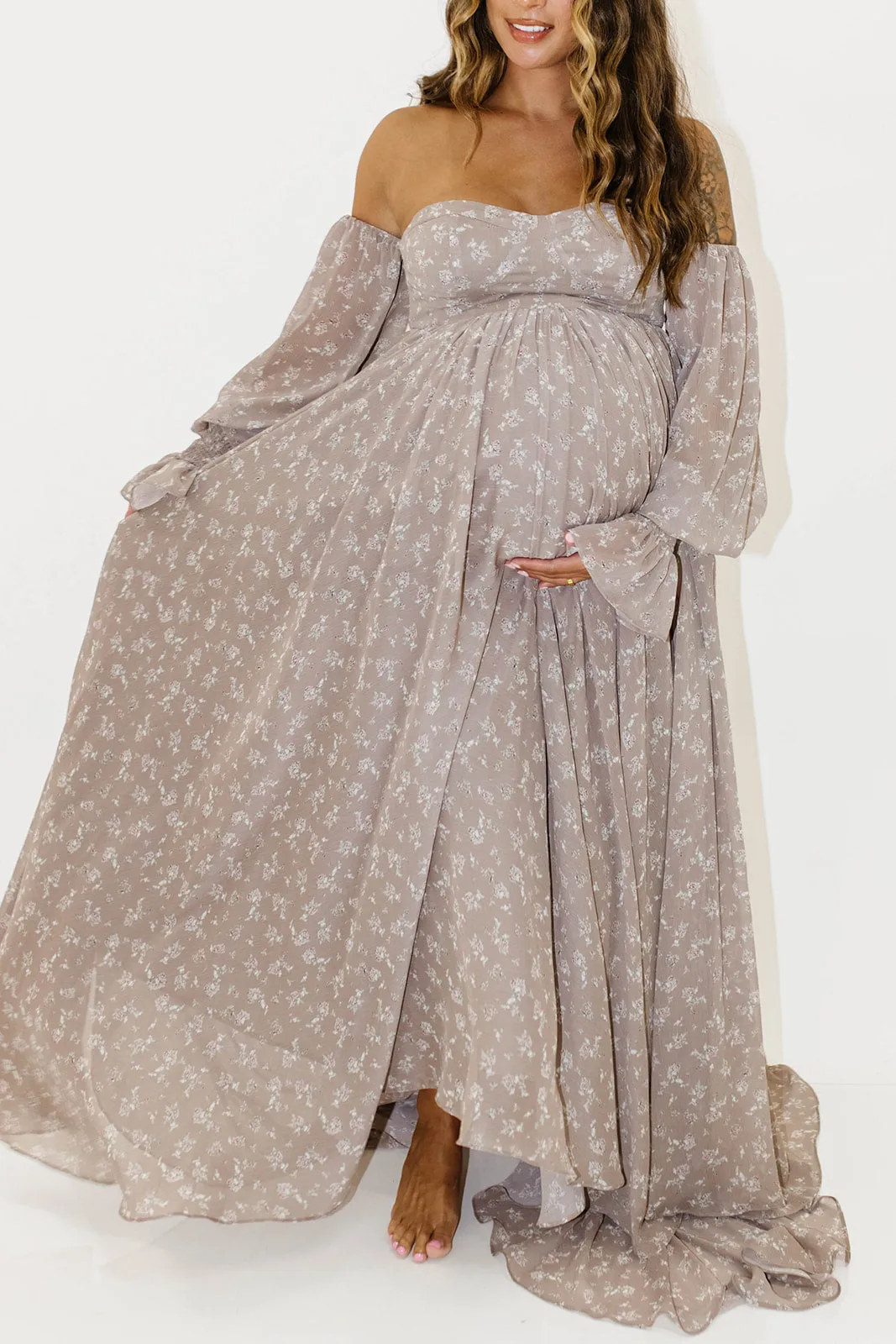 Delilah Maxi Dress with Train in Taupe - Bump Friendly sold by Worth Collective product image thumbnail 2