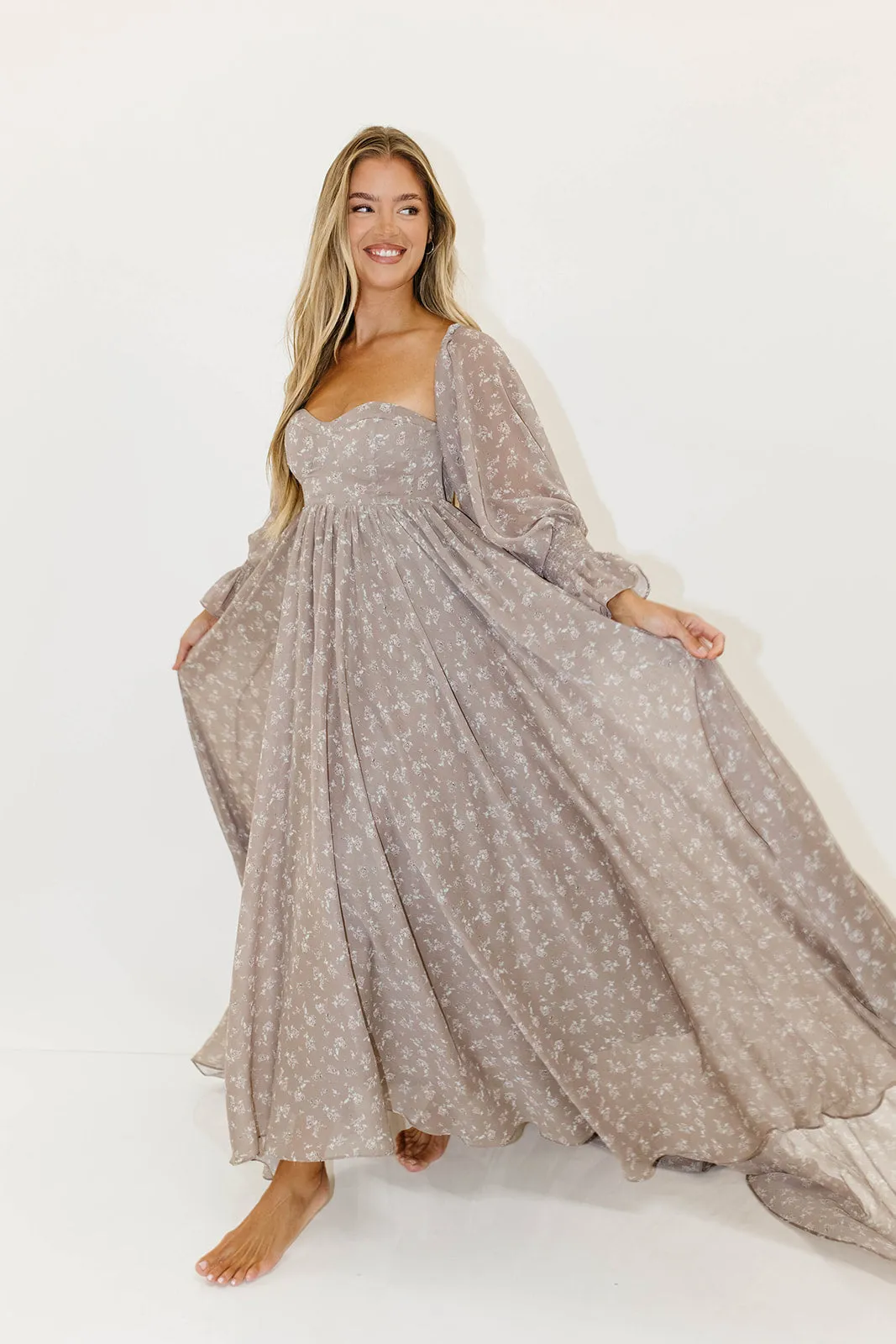 Delilah Maxi Dress with Train in Taupe - Bump Friendly sold by Worth Collective