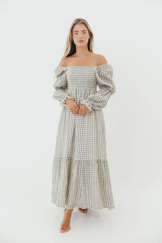 Emerson 100% Cotton Smocked Maxi Dress with Long Sleeves in Gray Sky - Bump Friendly - Restocking in Nov sold by Worth Collective