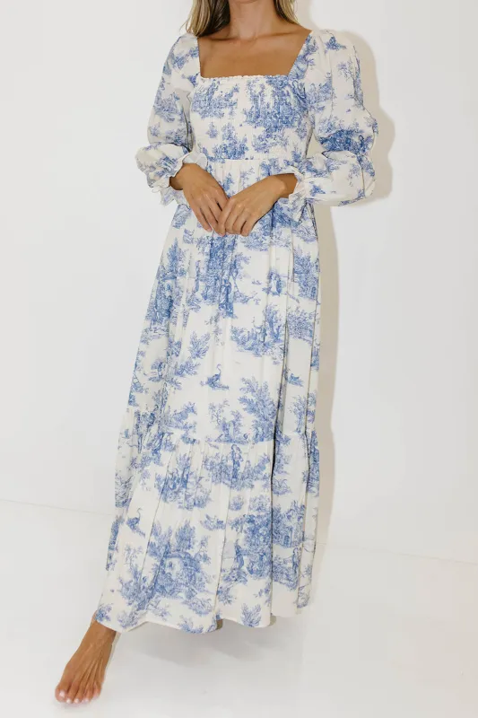 Emerson 100% Cotton Smocked Maxi Dress with Long Sleeves in Scenic Blue - Bump Friendly & Inclusive Sizing sold by Worth Collective