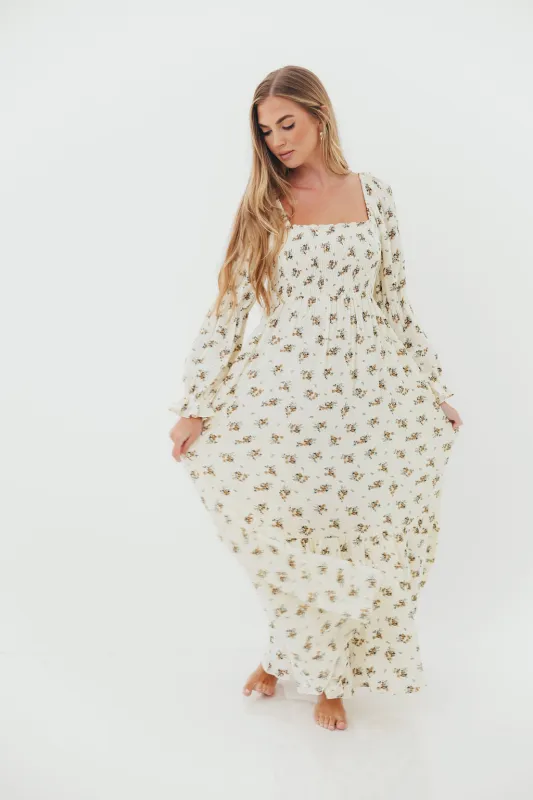 Emerson 100% Cotton Smocked Maxi Dress with Long Sleeves in Off White - Bump Friendly sold by Worth Collective