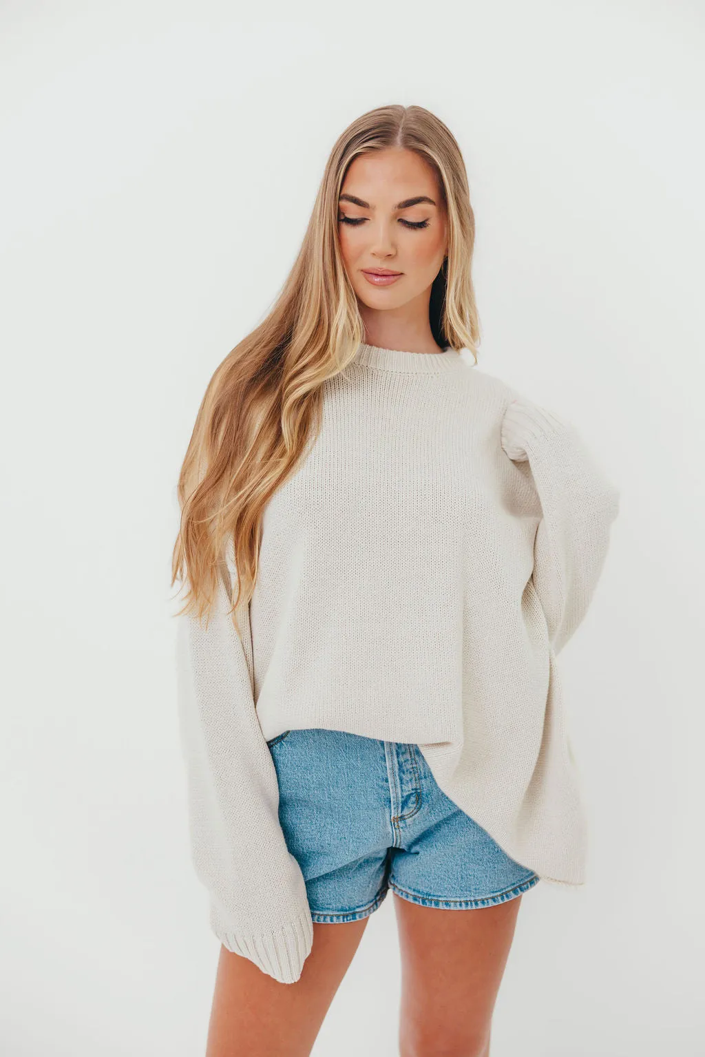 Luna Relaxed Boyfriend Fit Crew Neck Sweater in Oatmeal sold by Worth Collective product image thumbnail 2