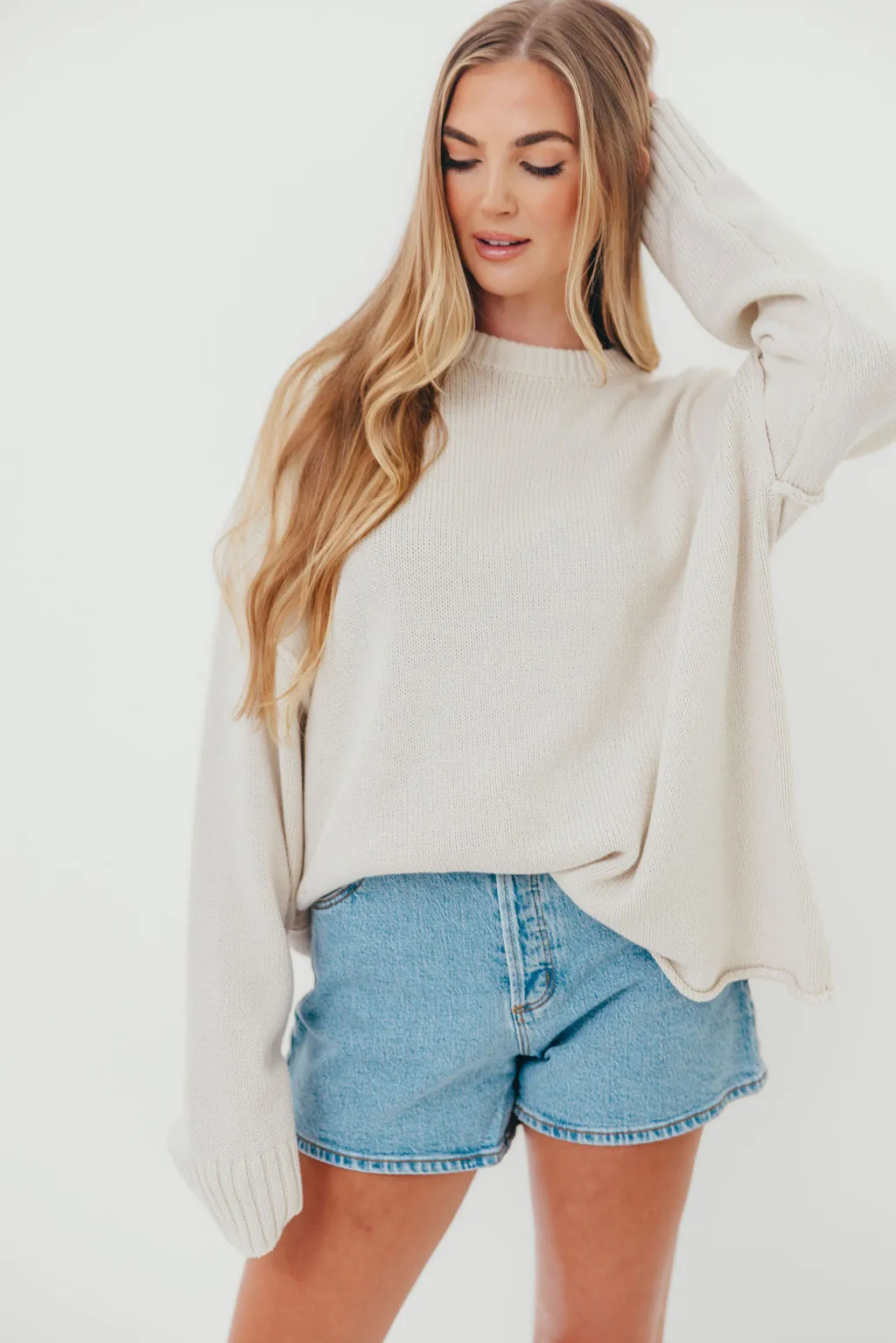 Luna Relaxed Boyfriend Fit Crew Neck Sweater in Oatmeal sold by Worth Collective