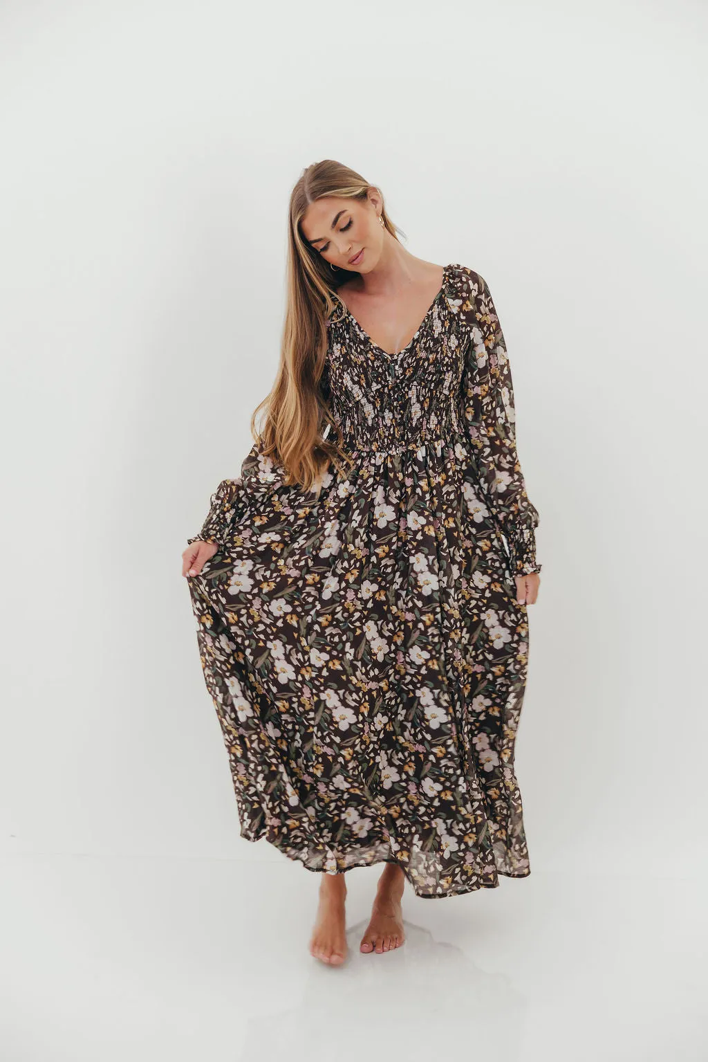 Luann Floral Maxi Dress in Mocha Mousse (No Restock) sold by Worth Collective product image thumbnail 4