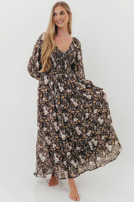 Luann Floral Maxi Dress in Mocha Mousse (No Restock) sold by Worth Collective