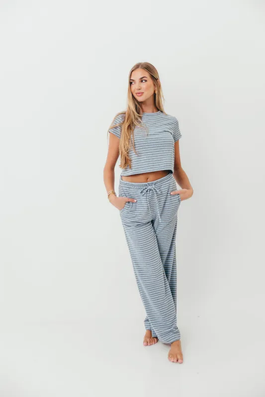 Find Your Soft Striped Top and Flare Pants Set in Grey Blue sold by Worth Collective
