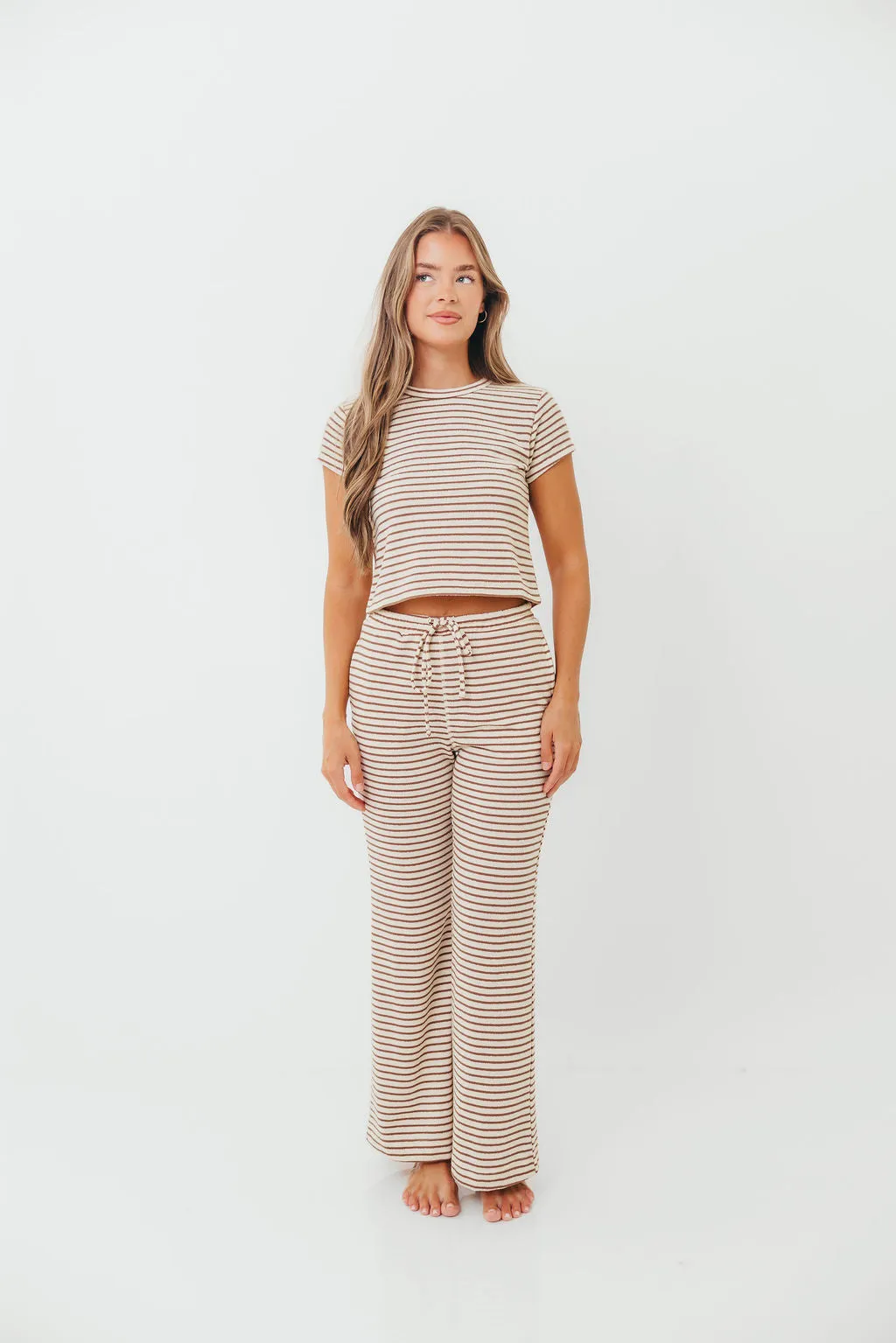 Find Your Soft Striped Flare Top and Pants Set in Cream Mocha sold by Worth Collective
