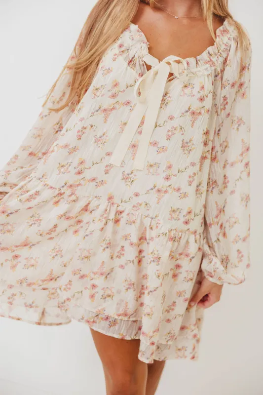 Maui Soft Petals Flare Mini Dress in Cream Multi with Detachable Liner sold by Worth Collective