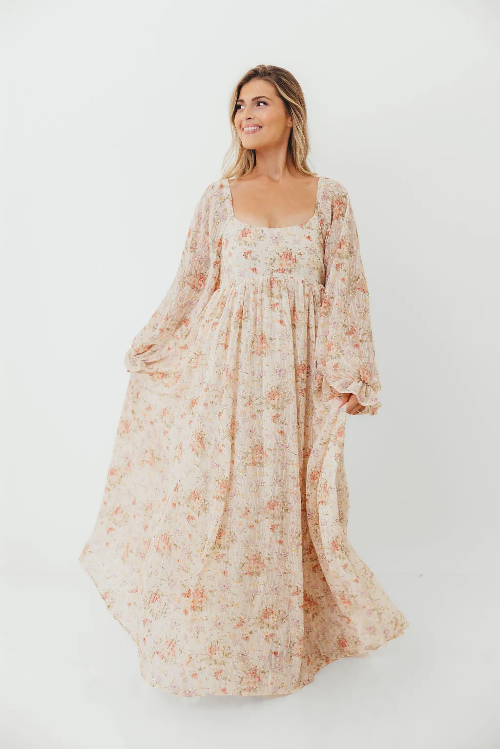 Rosey Woven Floral Print Empire Maxi Dress in Cream Multi - Bump Friendly sold by Worth Collective product image thumbnail 3