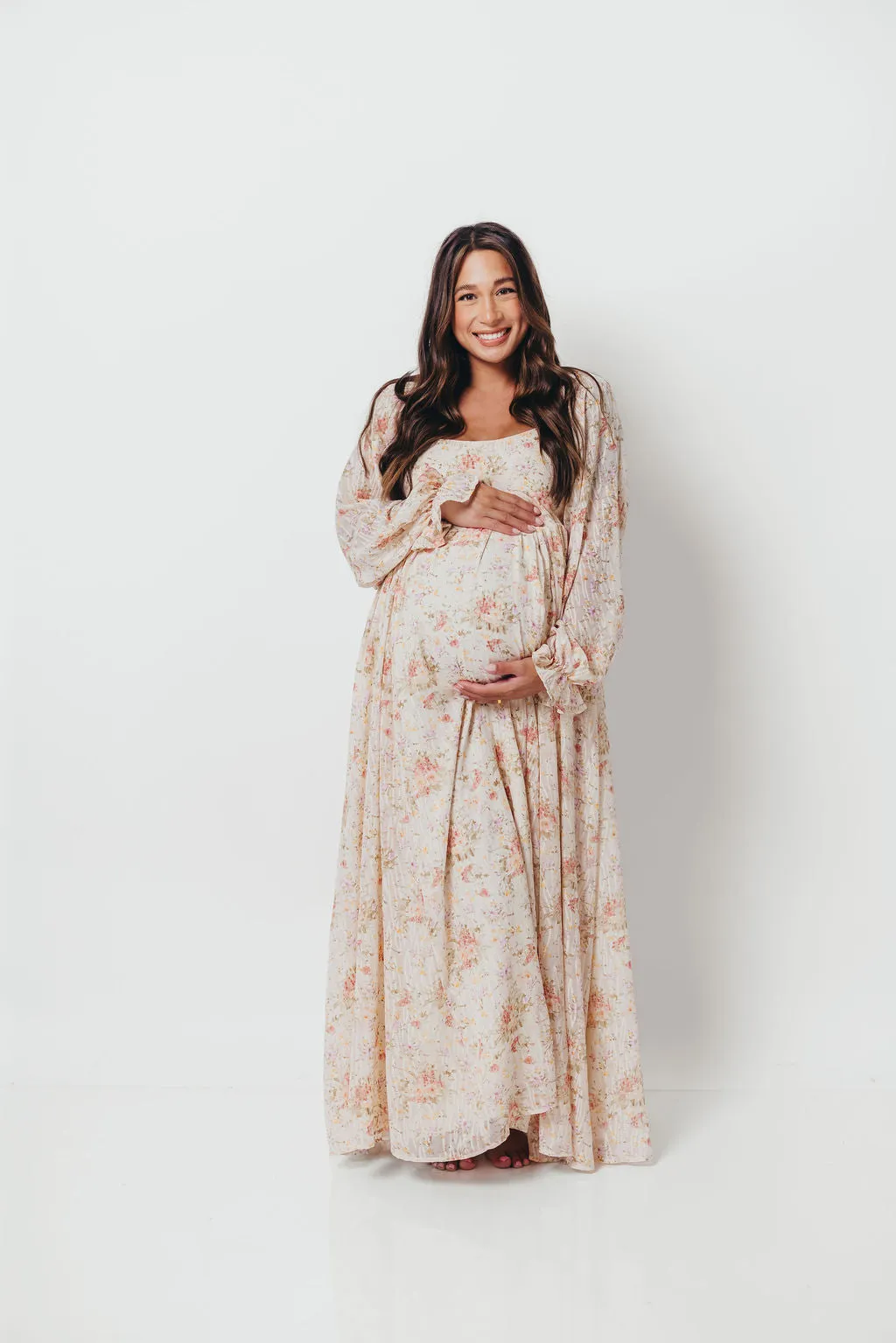 Rosey Woven Floral Print Empire Maxi Dress in Cream Multi - Bump Friendly sold by Worth Collective product image thumbnail 5