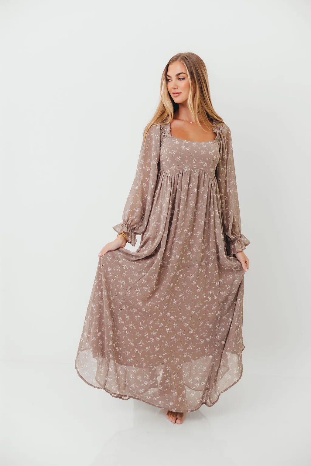 Amy Floral Long Sleeve Maxi Dress in Mocha Multi - Bump Friendly sold by Worth Collective