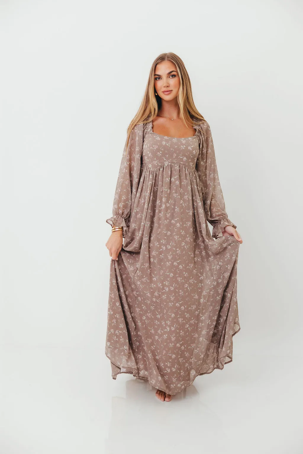 Amy Floral Long Sleeve Maxi Dress in Mocha Multi - Bump Friendly sold by Worth Collective product image thumbnail 4