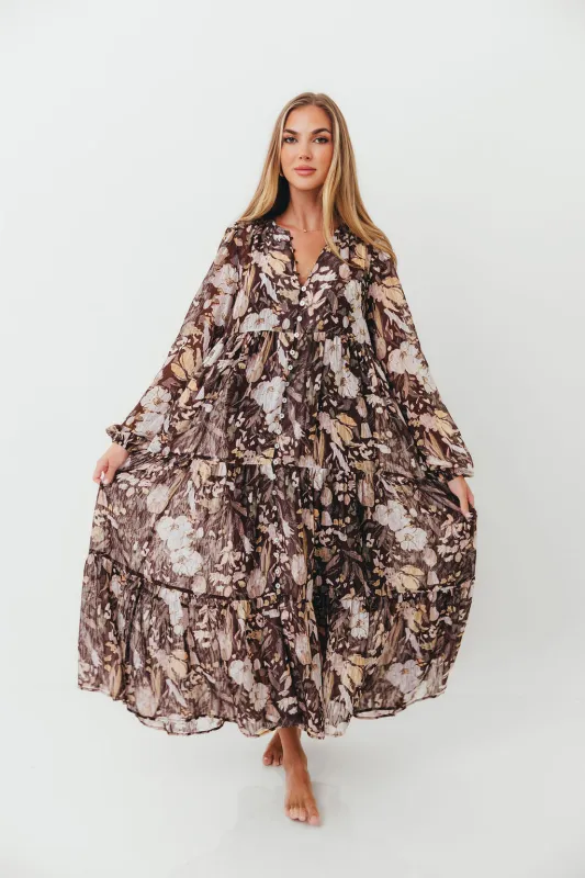 Eve Floral Print Button Front Duster Maxi W/Slip in Brown Multi - Bump Friendly sold by Worth Collective