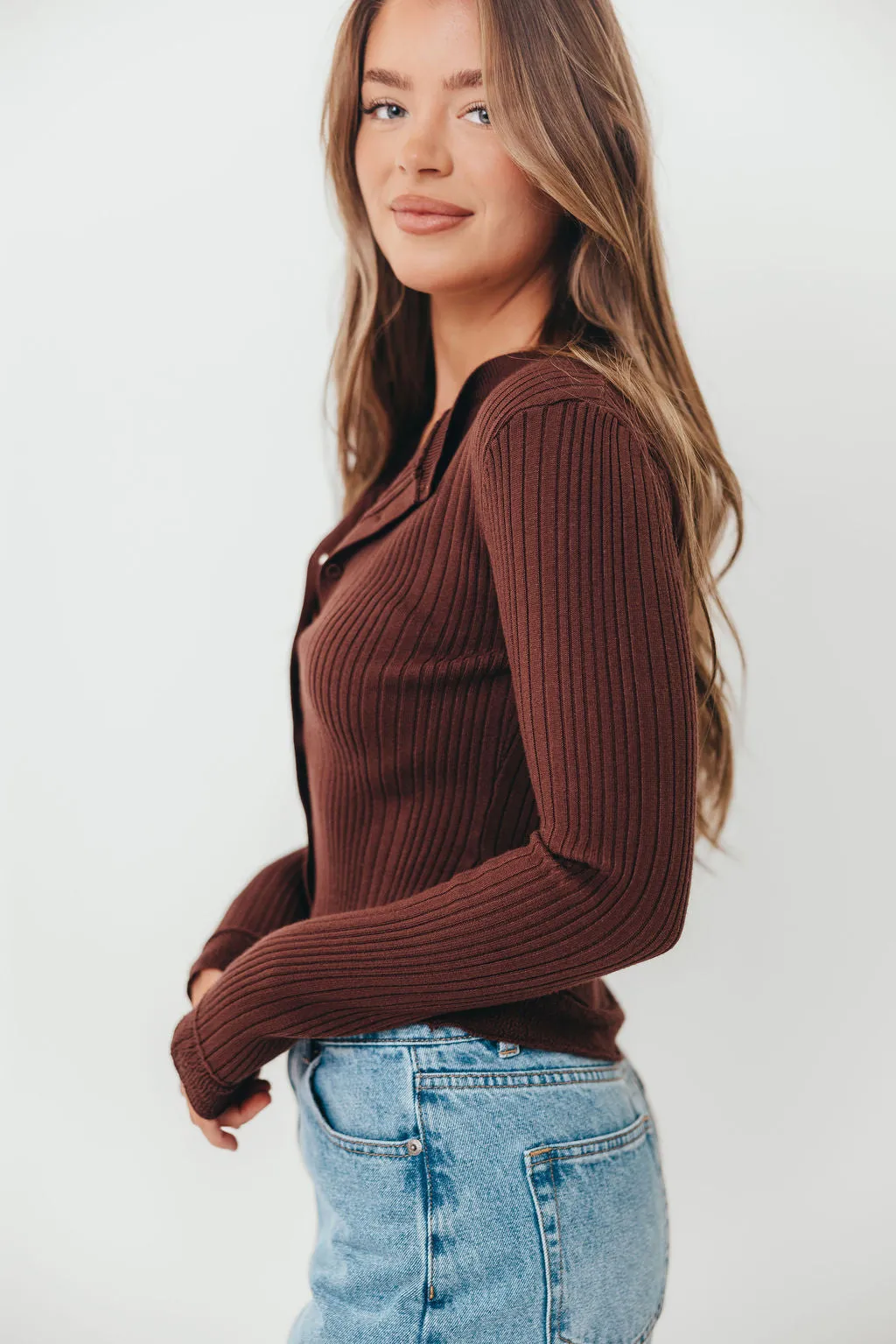 Marni Lace Hem Rib Knit Cardigan Top in Choco sold by Worth Collective product image thumbnail 3